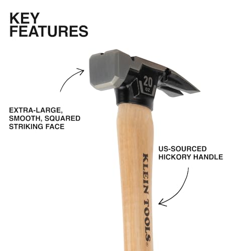 Klein Tools H80920HS California Framing Hammer 20-Ounce Forged Steel Hickory Handle Magnetic Nail Starter Smooth Face To